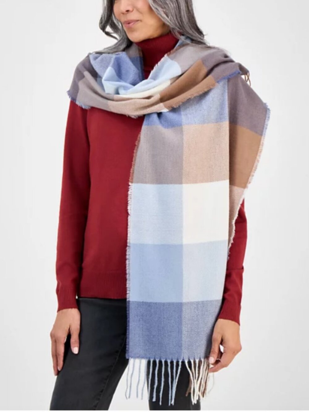 Style & Co Women's Chevron Weave Buffalo Plaid Scarf Twist Fringe Denim Blue